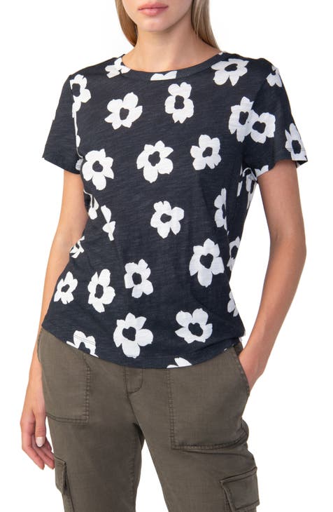 Lucky Brand Small Top T Shirt Women Gray Blue Floral Print Short Sleeve  Knit Tee