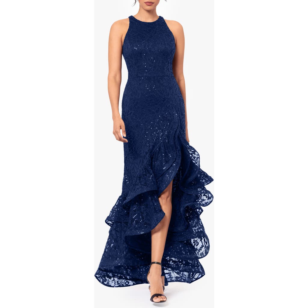 Betsy & Adam Women's Sequined Lace Ruffle-hem Gown In Navy