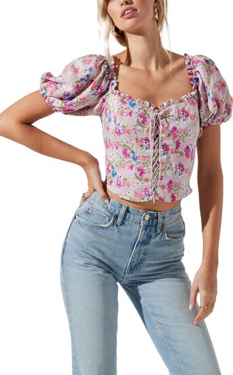 ASTR the Label Lace-Up Floral Puff Sleeve Crop Top | Nordstrom