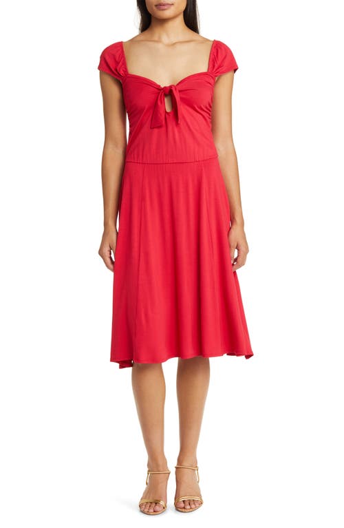 Tie Front Cap Sleeve A-Line Dress in Red