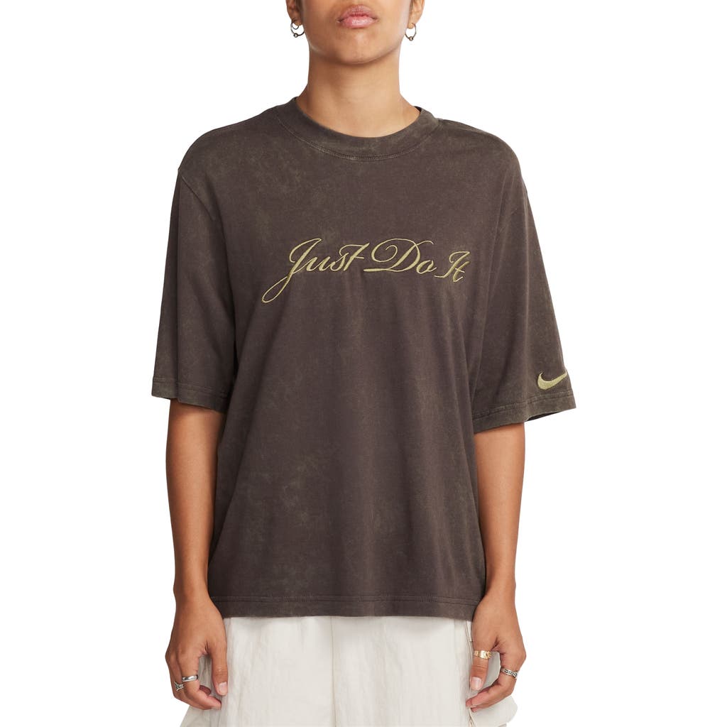 Nike Just Do It Boxy Embroidered T-shirt In Baroque Brown/neutral Olive