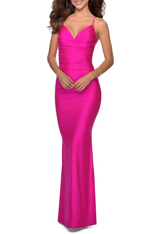 La Femme Strappy Back Ruched Trumpet Gown in Neon Pink
