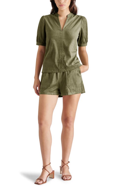 Shop Steve Madden Jane Puff Shoulder Faux Suede Top In Olive Night