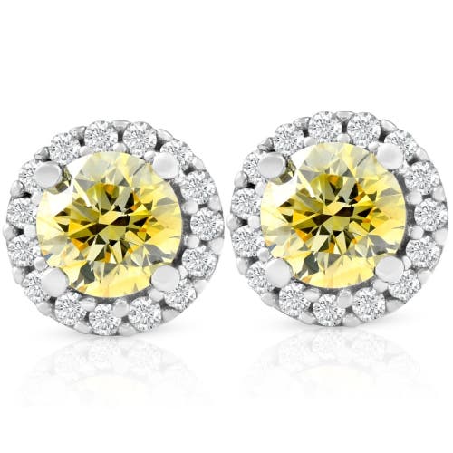 Bliss Diamond 1/2 Ct Halo Fancy Canary Lab Grown Diamond Studs 10k Gold Earrings In 10k White Gold