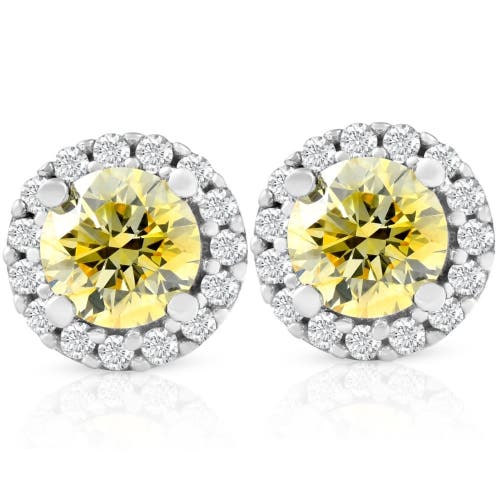 Shop Bliss Diamond 1/2 Ct Halo Fancy Canary Lab Grown Diamond Studs 10k Gold Earrings In 10k White Gold