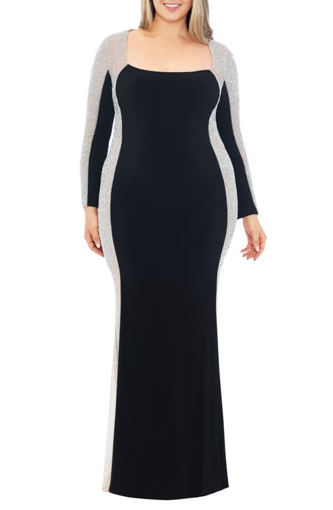 Beaded Long Sleeve Gown (Plus Size)