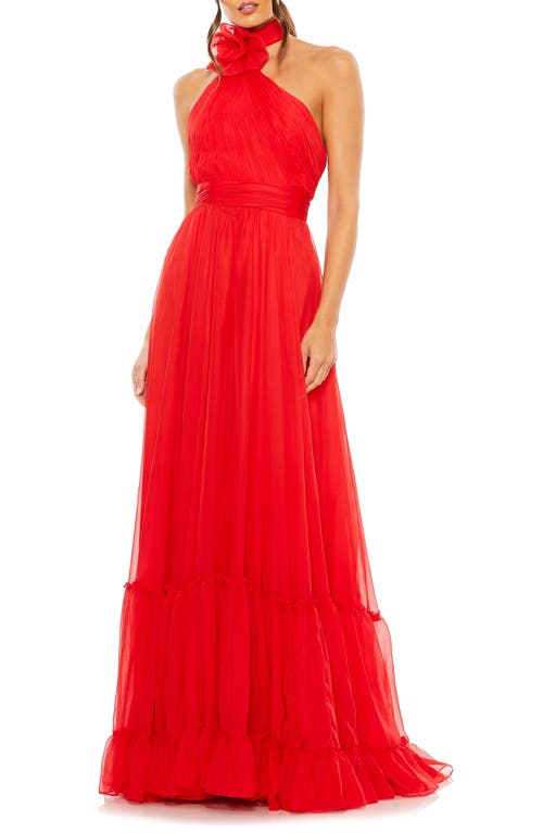 Ieena for Mac Duggal Rosette Asymmetric Halter Gown Red at Nordstrom,