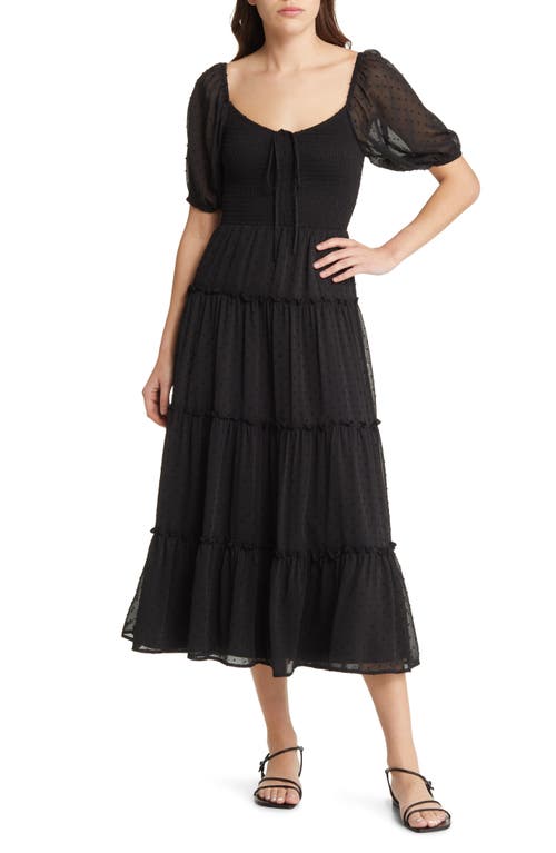 Charles Henry Tiered Smocked Midi Dress in Black
