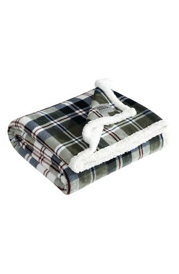Eddie Bauer Trailhead Plaid Faux Shearling Throw Blanket In Dark Green