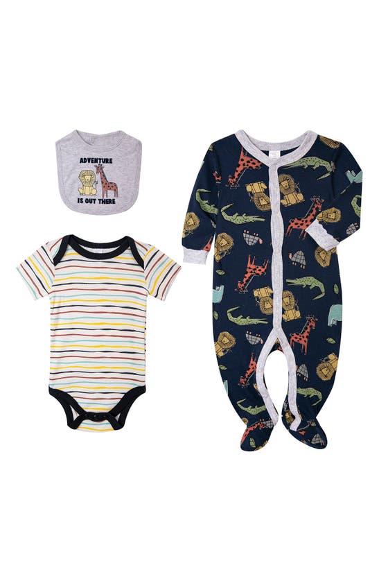 Click to view more detailed imagery on our partner's website Modern Babies' Zoo Animal Print Sleeper, Bodysuit, & Bib 3-piece Set In Navy
