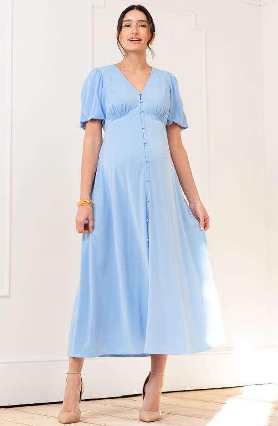 Seraphine Puff Sleeve Button-up Maternity Midi Dress In Blue