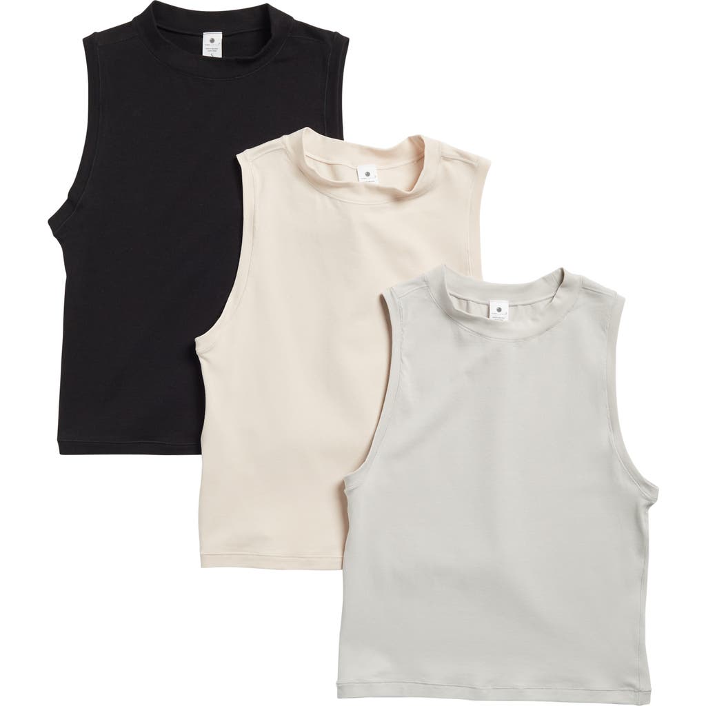 Shop Yogalicious Assorted 3-pack Melissa Airlite Mock Neck Crop Sleeveless Tops In Micro Chip/crystal Grey/beige