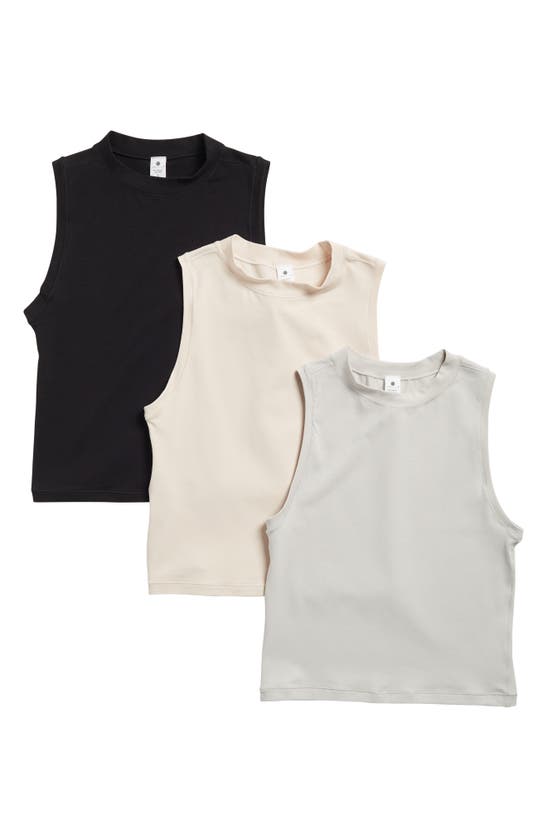 Yogalicious Assorted 3-pack Melissa Airlite Mock Neck Crop Sleeveless Tops In Micro Chip/crystal Grey/ Beige