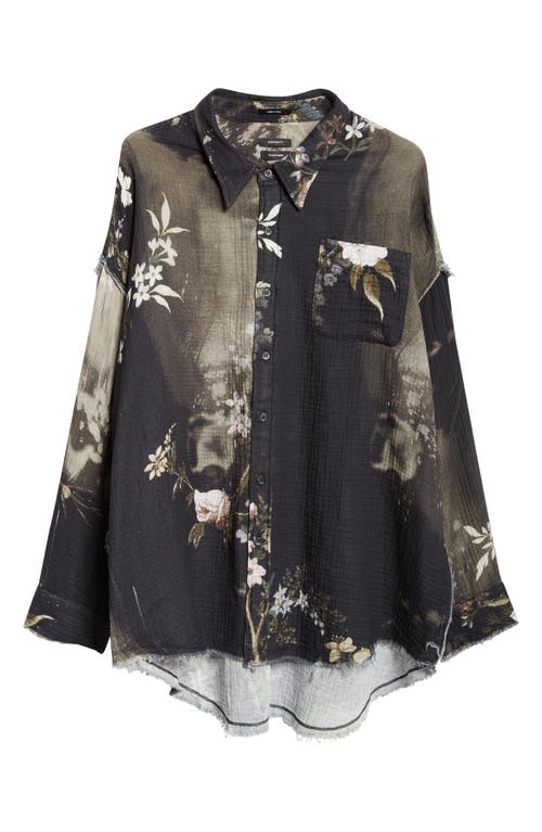 R13 Floral Raw High-Low Hem Cotton Gauze Button-Up Shirt Black Bleached at Nordstrom,