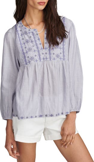Lucky Brand Women's Plus Size BIB Embroidered Peasant TOP