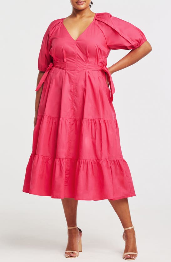 Estelle Marissa Puff Sleeve Cotton Midi Dress In Pink