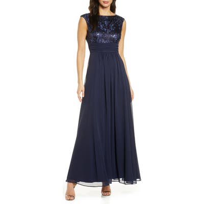 Eliza J Sequin Embroidered Chiffon Gown, Blue