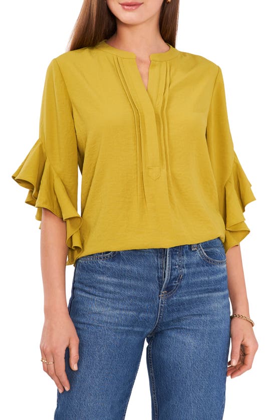 VINCE CAMUTO RUFFLE SLEEVE SPLIT NECK BLOUSE