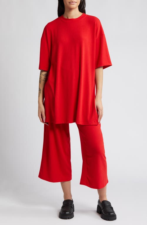 Dressed in Lala Lex Ribbed Oversize T-Shirt & High Waist Crop Pants Set in Cherry Red at Nordstrom, Size Small