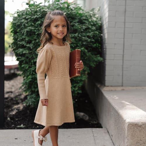 Shop Hope & Henry Girls' Organic Cable Bodice Sweater Dress, Toddler In Camel Heather Cable Bodice