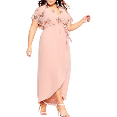 Plus Size City Chic Sequin Bodice Faux Wrap Maxi Dress, Pink