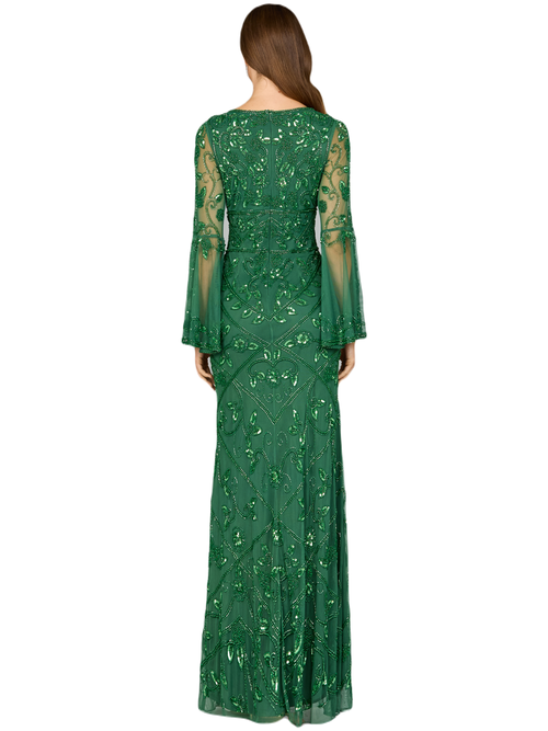 Lara New York Bell Sleeved High Neck Beaded Gown In Forestgreen