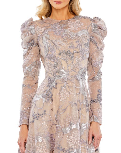 Mac Duggal Embellished High Neck Puff Sleeve A-line Dress In Taupe