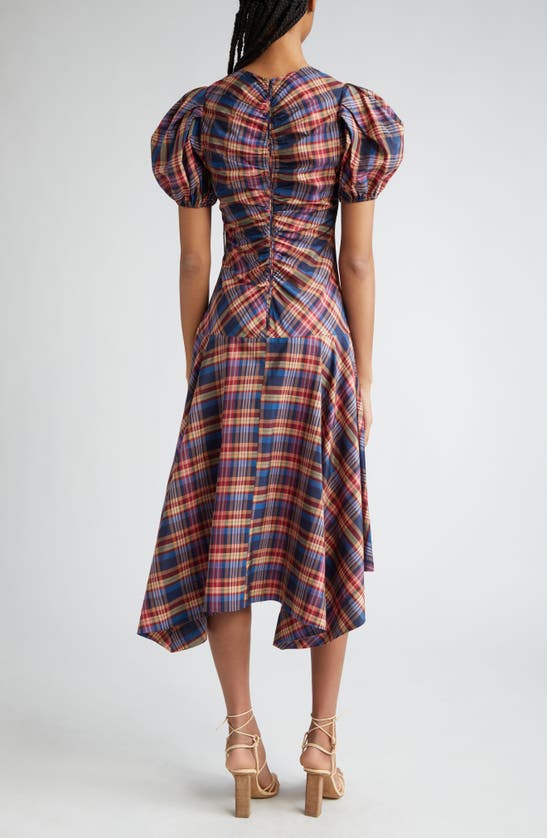 Shop Ulla Johnson Heleen Plaid Short Sleeve Cotton & Silk Midi Dress In Lapis