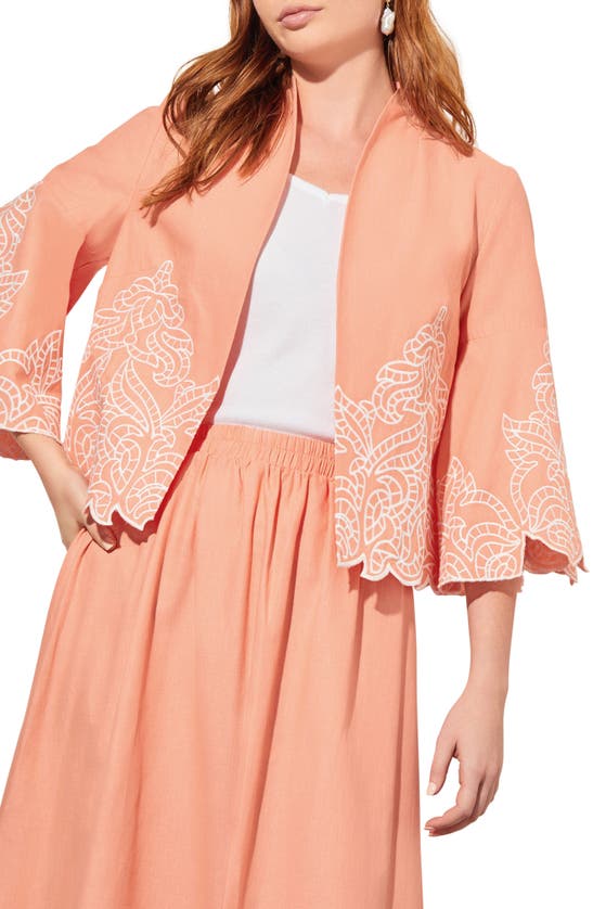 Ming Wang Embroidered Open Front Jacket In Coral Sand/ White