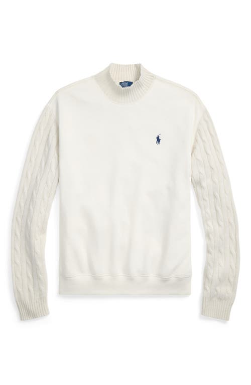 Shop Polo Ralph Lauren Cable Stitch Sleeve Mock Neck Sweatshirt In Clubhouse Cream