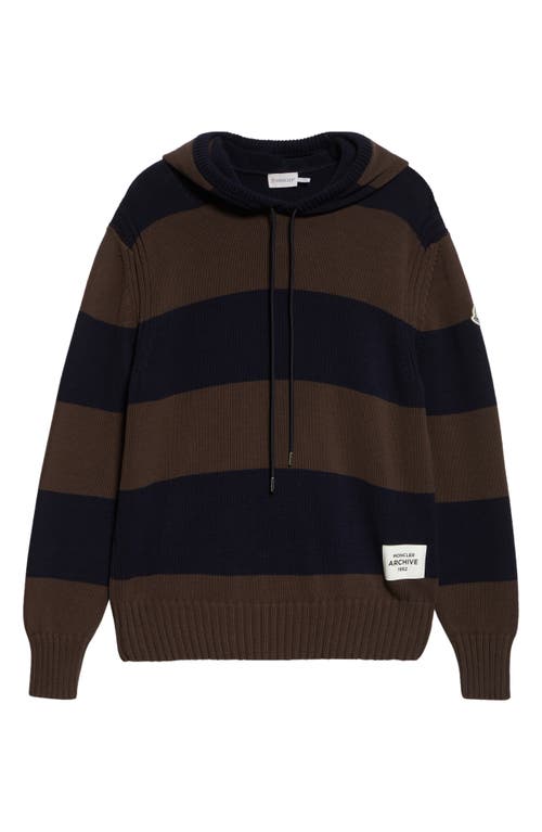 Shop Moncler Stripe Logo Knit Cotton Hoodie In Blue/brown