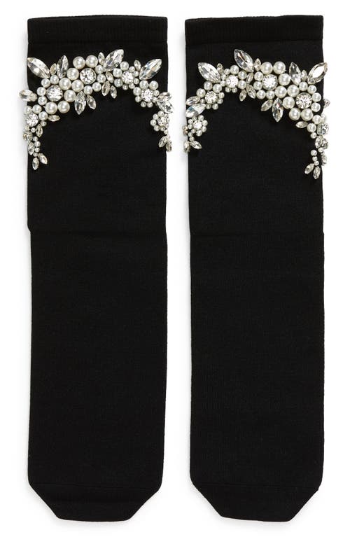 Cluster Flower Embellished Socks in Black/Pearl/Clear