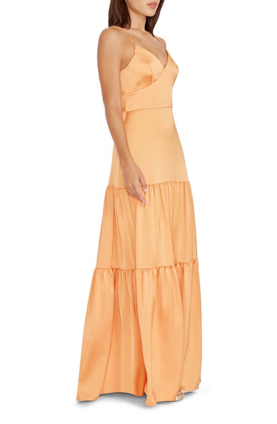 Shop Dress The Population Tess Tiered Satin Gown In Apricot