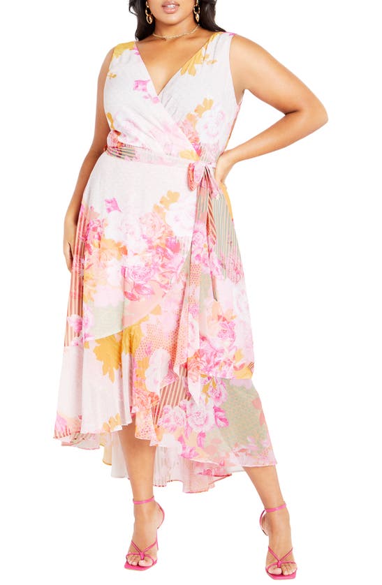 City Chic Aliya Floral Faux Wrap Midi Dress In Sunset Rose