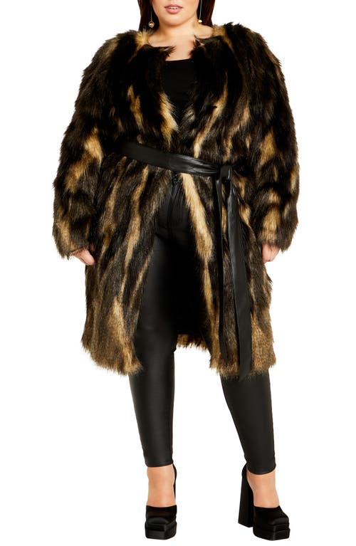 City Chic Diva Belted Faux Fur Coat Black Multi at Nordstrom