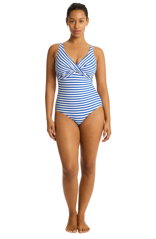 Shop Sea Level Stripe Cross Front Multifit One-piece Swimsuit In Blue