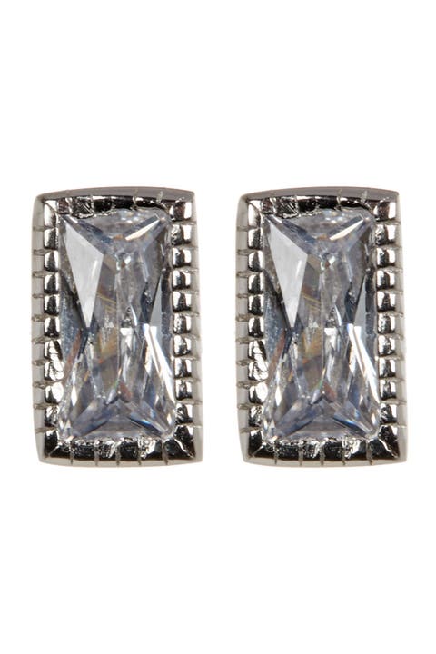 White Rhodium Plated Swarovski Crystal Rectangle Cut Stud Earrings
