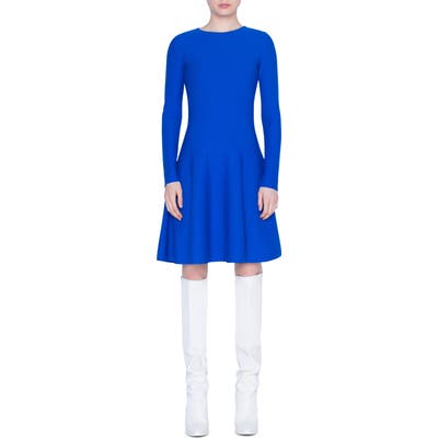 Akris Punto Long Sleeve Fit & Flare Wool Sweater Dress, Blue