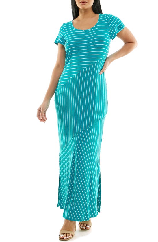 Nina Leonard Stripe Maxi Dress In Peacock/ White