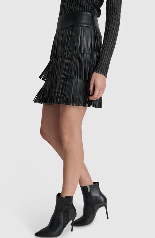 Shop Dkny Tiered Fringe Faux Leather Miniskirt In Black