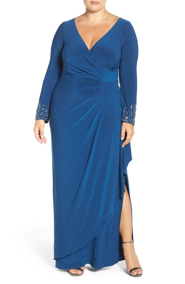 Alex Evenings Embellished Cuff Faux Wrap Jersey Gown (Plus Size ...