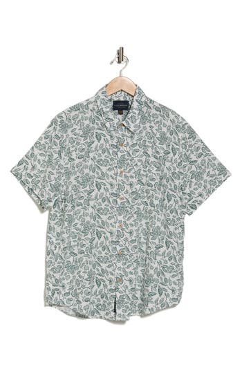 Lucky Brand Printed Short Sleeve Linen Blend Button-up Shirt In Gray