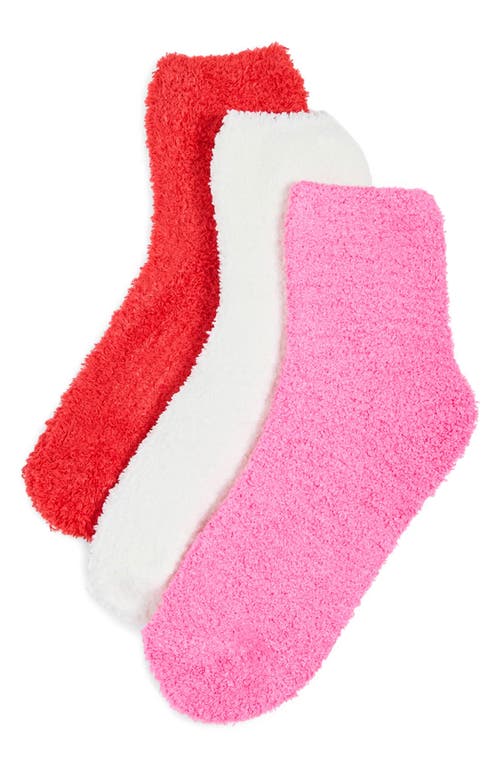 Stems Plush Cozy Ankle Socks 3-pack In Red/ Ivory/ Fuchsia