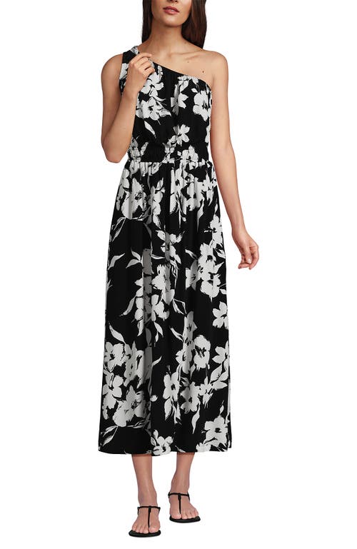 Shop Lands' End Petite One Shoulder Crepe Midi Dress In Black Painted Flower