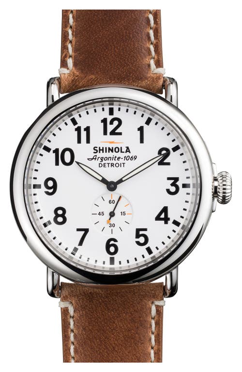 Shinola The Runwell Leather Strap Watch, 47mm In Brown/white/silver