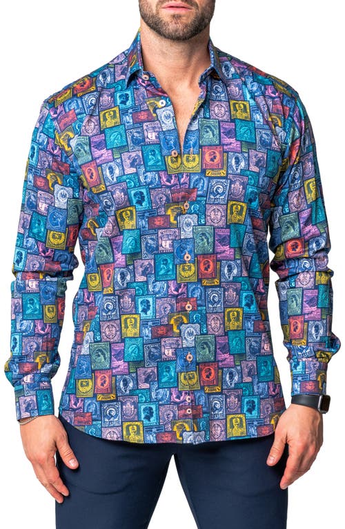 Maceoo Fibonacci Stamp Contemporary Fit Button-Up Shirt in Multi Blue