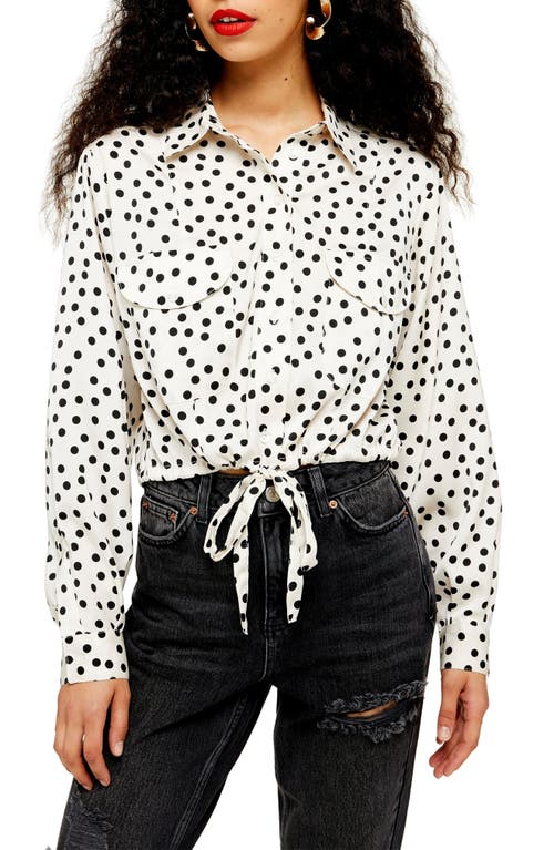 Topshop Spot Drawstring Waist Blouse In Beige