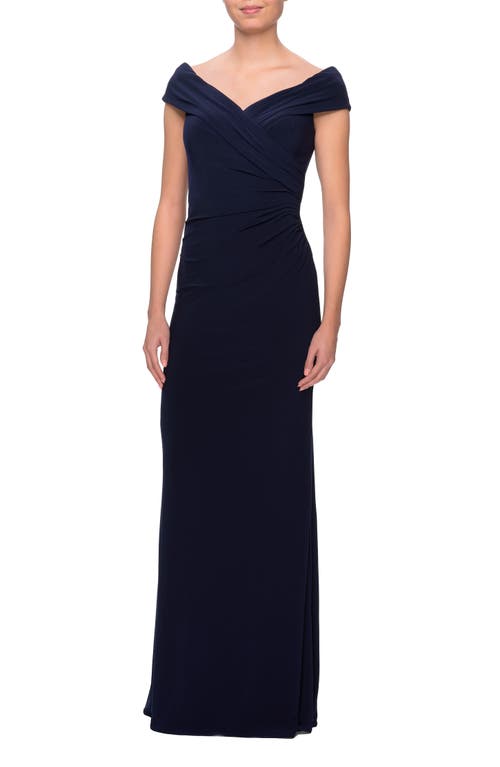 Shop La Femme Off The Shoulder Jersey Dress With Ruching In Navy