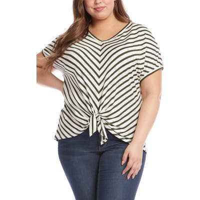 Plus Size Karen Kane Mitered Stripe Tie Front Top, Green