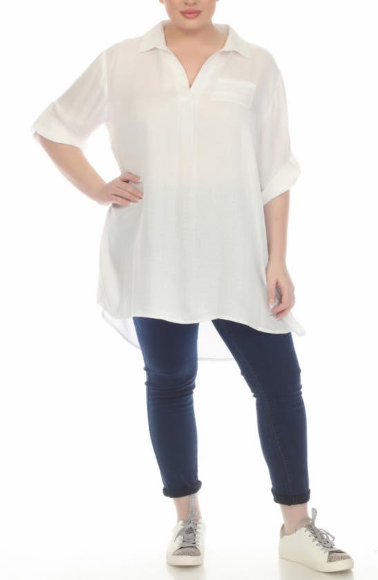 Boho Me Roll Sleeve Button-up Tunic Shirt In White